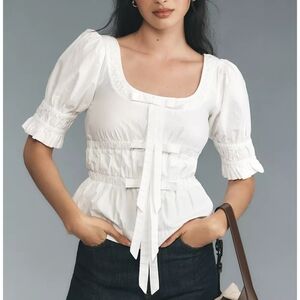 DAMSON MADDER NWT Bianca Ruffle Bow Blouse White Puff Sleeve 4 S